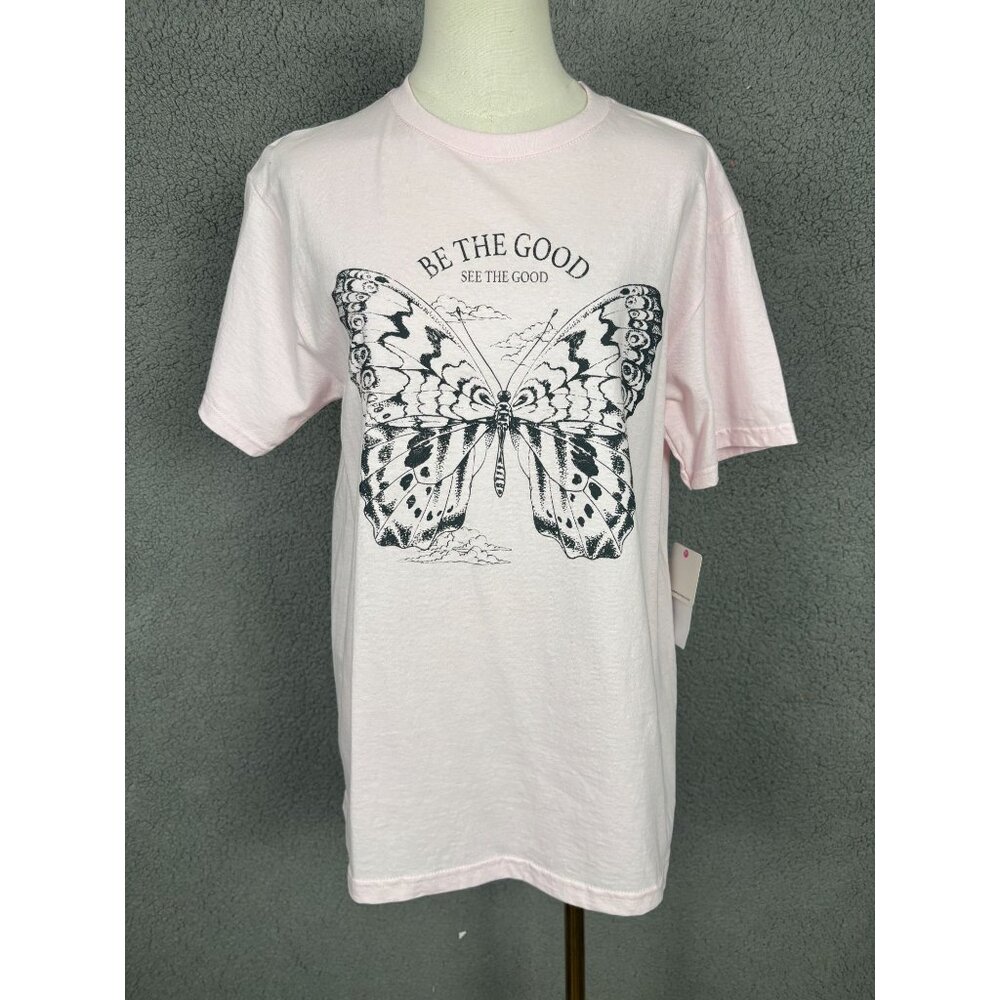 Rebellious One Juniors' Butterfly-Graphic Cotton Crewneck T-Shirt Pink  Med NWTs